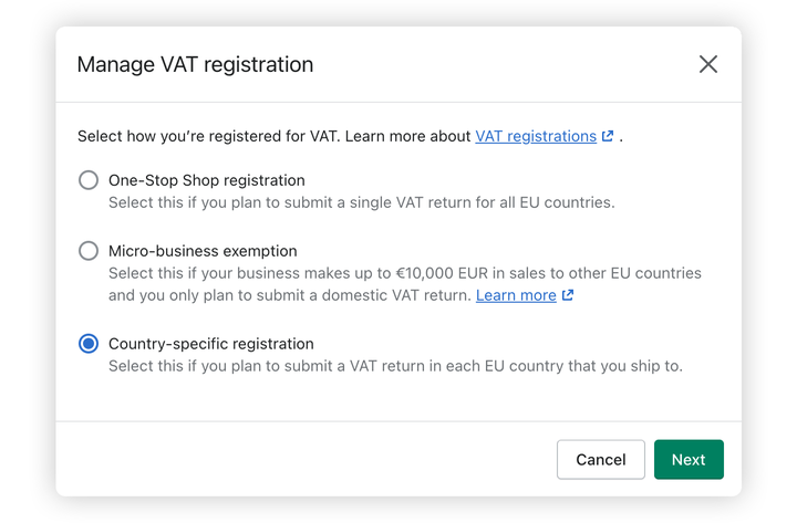 Shopify manage vat registration contry specific configuration